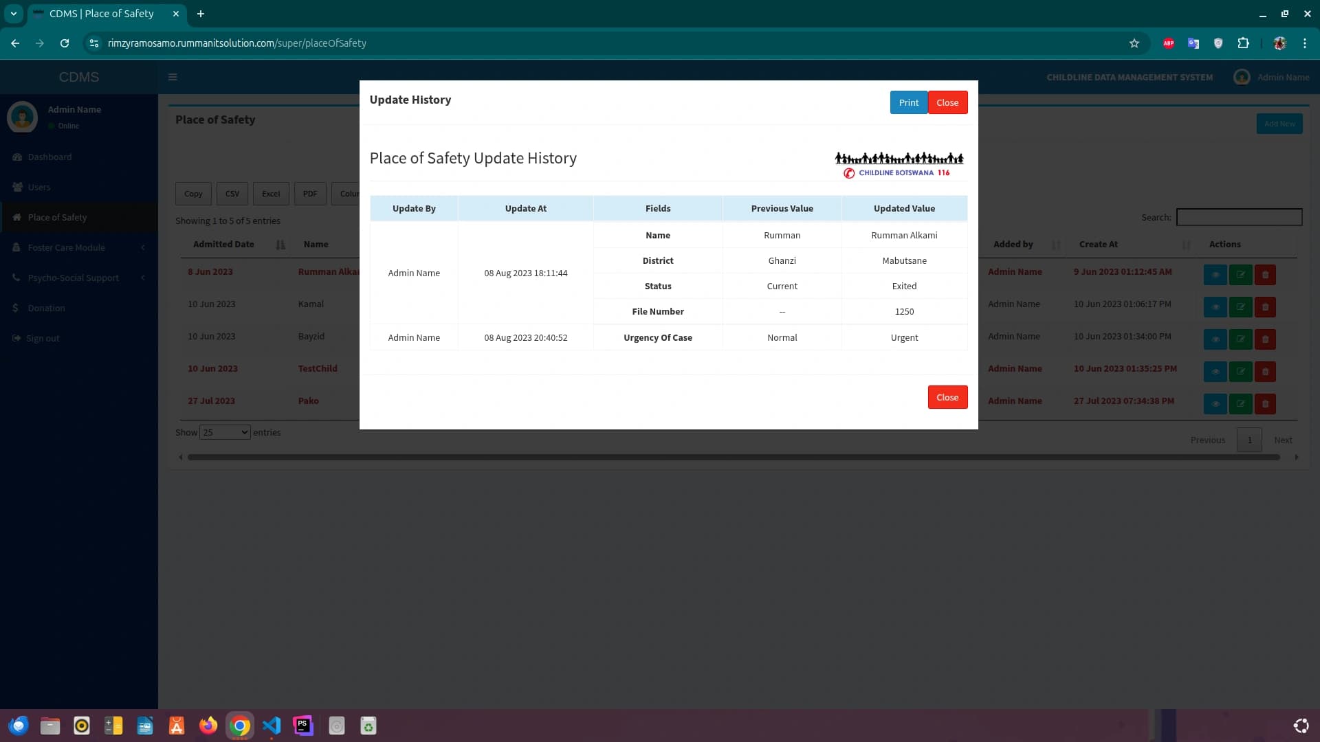 Screenshot of CHILDLINE DATA MANAGEMENT SYSTEM