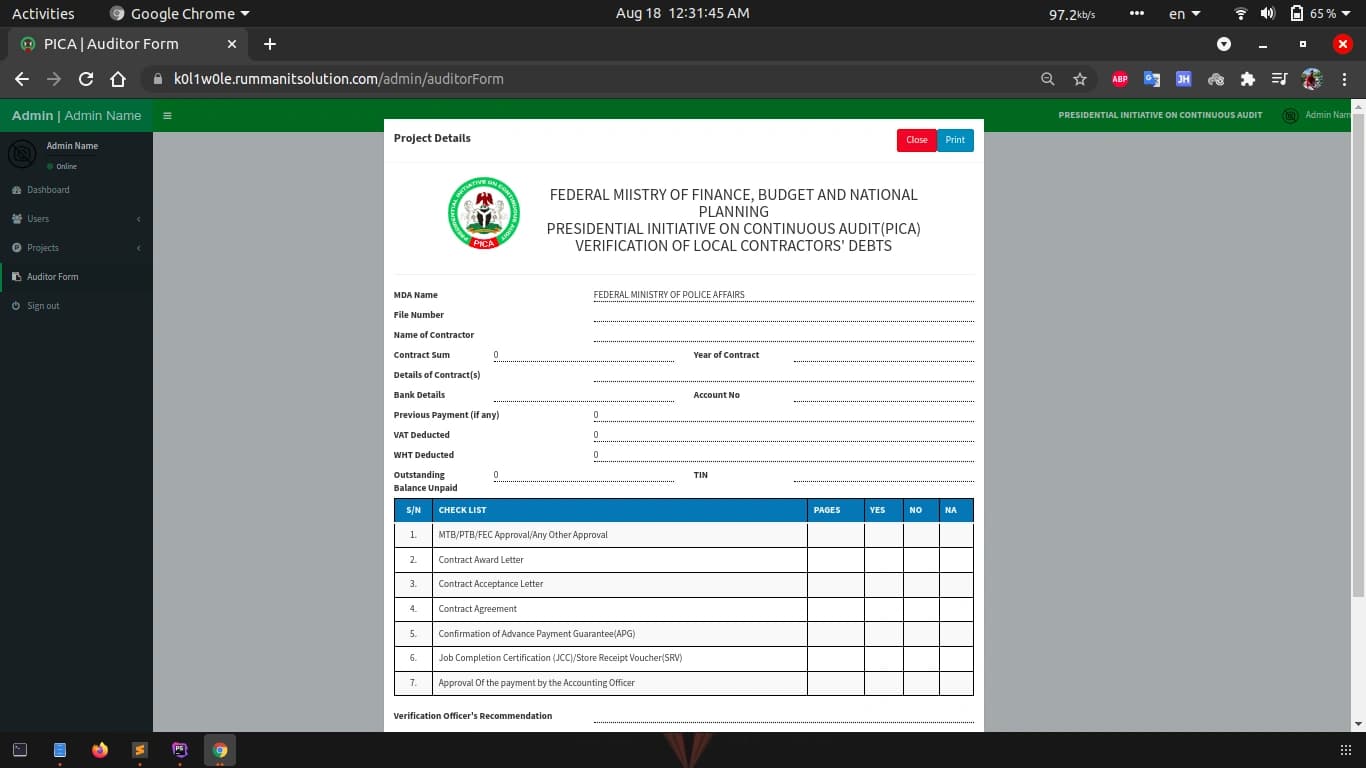PICA - Presidential Initiative on Continuous Audit screenshot