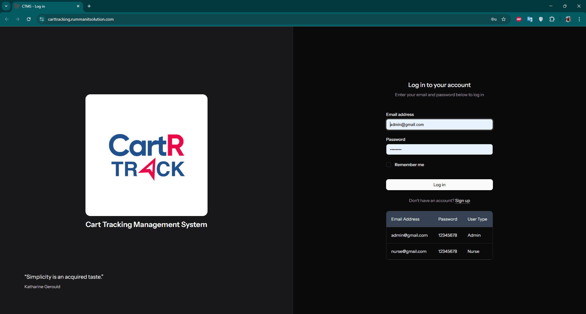 Screenshot of Cart Tracking Management System
